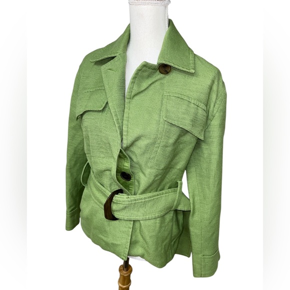 VINCE SAHARIENNE JACKET WOMENS SIZE MEDIUM GREEN LINEN BLEND BELTED - Picture 4 of 12